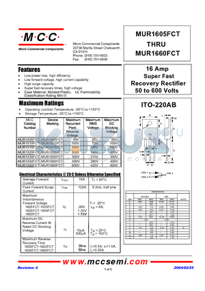 MUR1610FCT datasheet - 16 Amp Super Fast Recovery Rectifier 50 to 600 Volts