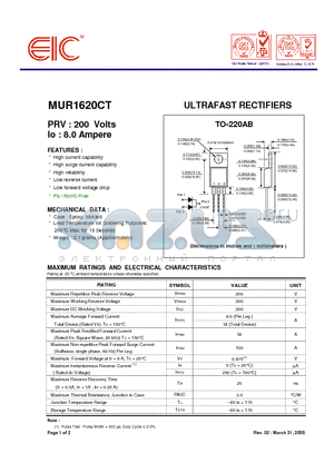 MUR1620CT datasheet - ULTRAFAST RECTIFIERS