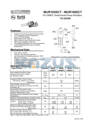 MUR1620CT datasheet - 16.0 AMPS. Switchmode Power Rectifiers