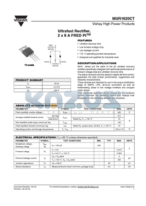 MUR1620CT datasheet - Ultrafast Rectifier, 2 x 8 A FRED PtTM