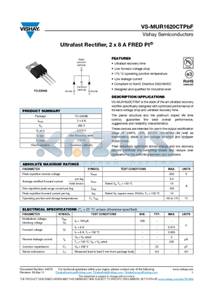 MUR1620CTPBF_11 datasheet - Ultrafast Rectifier, 2 x 8 A FRED Pt