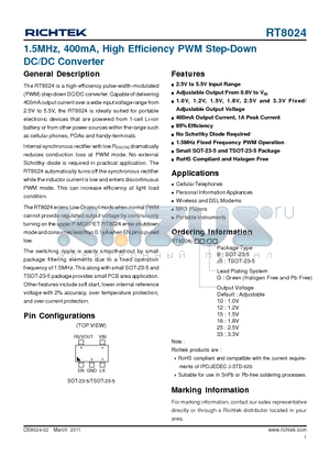 GRM188R60J475KE19 datasheet - 1.5MHz, 400mA, High Efficiency PWM Step-Down DC/DC Converter