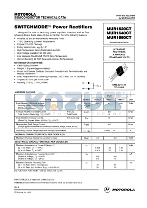 MUR1640CT datasheet - ULTRAFAST RECTIFIERS 8 AMPERES 200-400-600 VOLTS