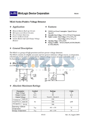 ML61X442XX datasheet - Positive Voltage Detector CMOS Low Power Consumption : Typical 1.0uA at Vin=2.0V