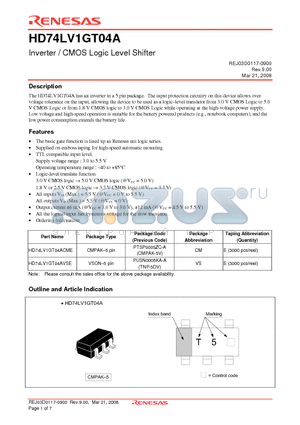HD74LV1GT04A datasheet - Inverter / CMOS Logic Level Shifter