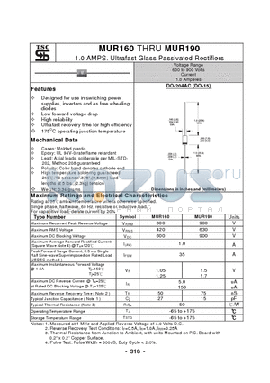 MUR190 datasheet - 1.0 AMPS. Ultrafast Glass Passivated Rectifiers