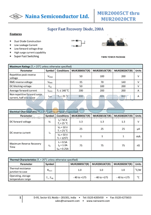 MUR20010CT datasheet - Super Fast Recovery Diode, 200A
