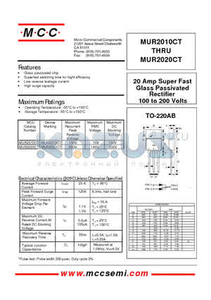 MUR2010CT datasheet - 20 Amp Super Fast Glass Passivated Rectifier 100 to 200 Volts