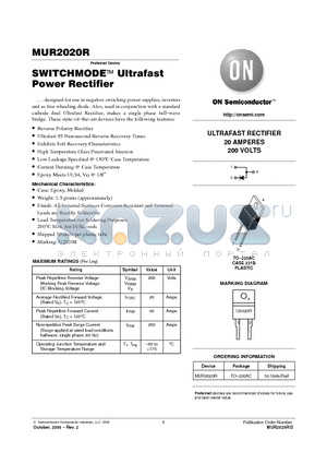 MUR2020R datasheet - SWITCHMODE Ultrafast Power Rectifier