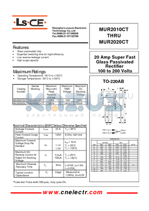 MUR2010CT datasheet - 20Amp super fast glass passivated rectifier 100to200volts