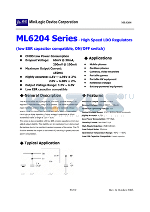 ML6204 datasheet - High Speed LDO Regulators