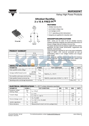 MUR3020WT datasheet - Ultrafast Rectifier, 2 x 15 A FRED PtTM