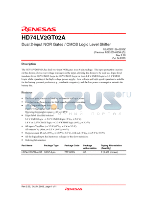 HD74LV2GT02A datasheet - Dual 2-input NOR Gates / CMOS Logic Level Shifter