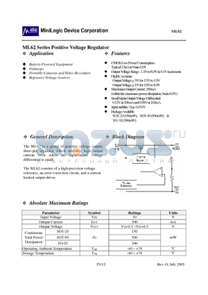 ML62123 datasheet - Positive Voltage Regulator CMOS Low Power Consumption : Typical 3.3uA at Vout=5.0V