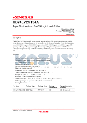 HD74LV2GT34A datasheet - Triple Noninverters / CMOS Logic Level Shifter