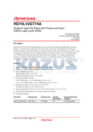 HD74LV2GT74A datasheet - Single D-type Flip Flops with Preset and Clear / CMOS Logic Level Shifter