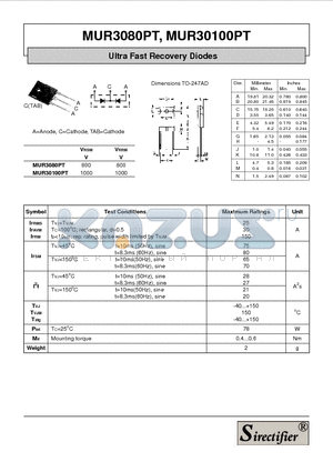 MUR3080PT datasheet - Ultra Fast Recovery Diodes