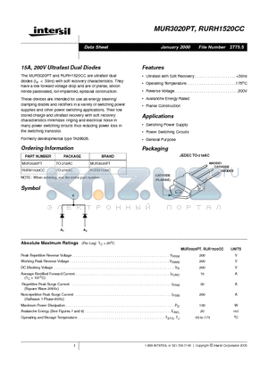 MUR3020PT datasheet - 15A, 200V Ultrafast Dual Diodes