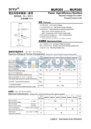 MUR310 datasheet - Plastic High-Efficiency Rectifiers Reverse Voltage 50 to 600V Forward Current 3.0A