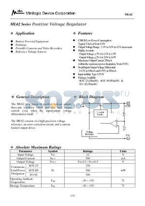 ML62302PB datasheet - ML62 Series Positive Voltage Regulator
