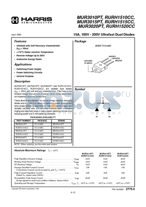 MUR3020PT datasheet - 15A, 100V - 200V Ultrafast Dual Diodes
