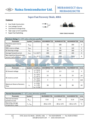 MUR40005CTR datasheet - Super Fast Recovery Diode, 400A