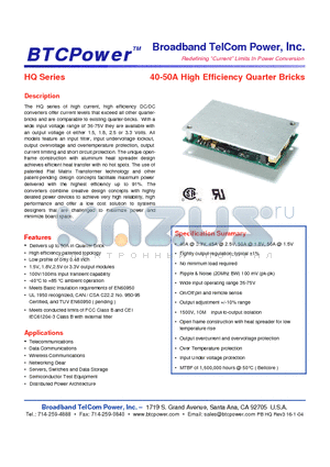 HQ35A-48-5N datasheet - 40-50A High Efficiency Quarter Bricks