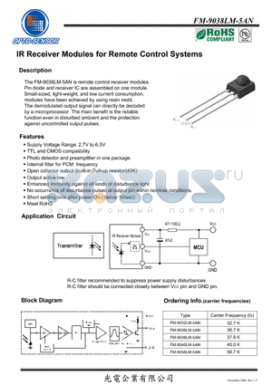 FM-9038LM-5AN datasheet - IR Receiver Modules for Remote Control Systems