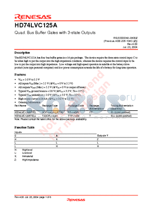 HD74LVC125A datasheet - Quad. Bus Buffer Gates with 3-state Outputs
