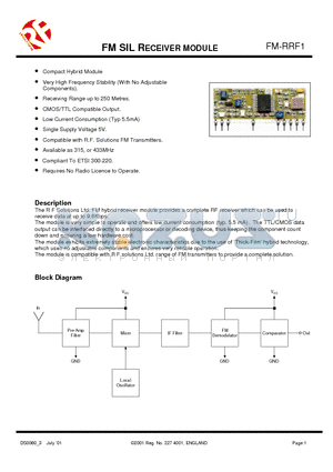 FM-RRF1-433C datasheet - FM SIL RECEIVER MODULE