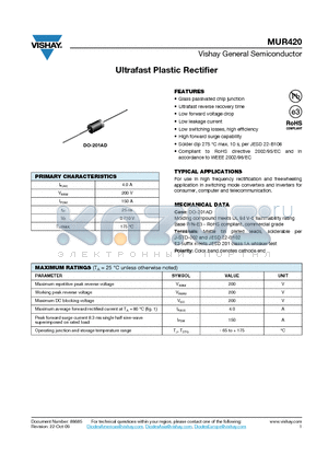 MUR420 datasheet - Ultrafast Plastic Rectifier