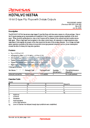 HD74LVC16374ATEL datasheet - 16-bit D-type Flip Flops with 3-state Outputs