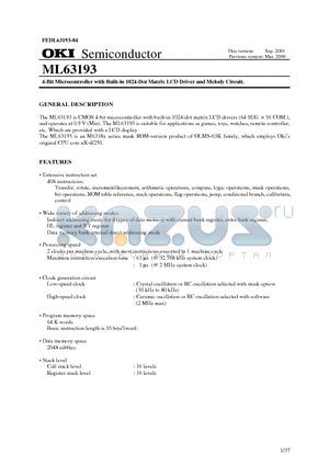 ML63193-XXXWA datasheet - 4-Bit Microcontroller with Built-in 1024-Dot Matrix LCD Driver and Melody Circuit.