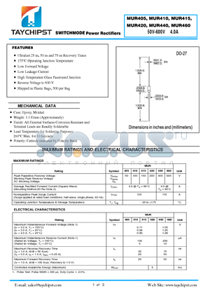 MUR440 datasheet - SWITCHMODE Power Rectifiers