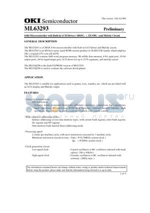 ML63293-XXXUA datasheet - 4-Bit Microcontroller with Built-in LCD Driver ( 68SEG. 32COM. ) and Melody Circuit