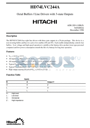 HD74LVC244A datasheet - Octal Buffers / Line Drivers with 3-state Outputs