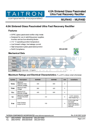 MUR460 datasheet - 4.0A Sintered Glass Passivated Ultra Fast Recovery Rectifier