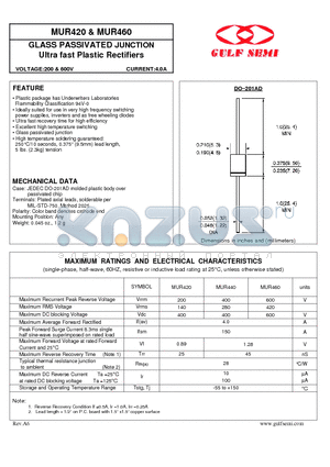 MUR460 datasheet - GLASS PASSIVATED JUNCTION Ultra fast Plastic Rectifiers