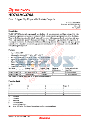 HD74LVC374ATELL datasheet - Octal D-type Flip Flops with 3-state Outputs