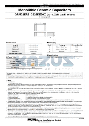 GRM32ER61C226KE20K datasheet - Monolithic Ceramic Capacitors