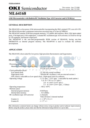 ML64168 datasheet - 4-Bit Microcontroller with Built-in RC Oscillation Type A/D Converter and LCD Driver