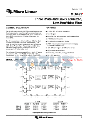 ML6421 datasheet - Triple Phase and Sinx/x Equalized, Low-Pass Video Filter