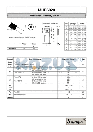 MUR6020 datasheet - Ultra Fast Recovery Diodes