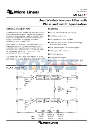 ML6423CS-5 datasheet - Dual S-Video Lowpass Filter with Phase and Sinx/x Equalization
