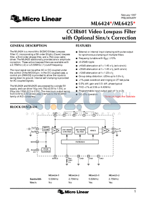 ML6425-2 datasheet - CCIR601 Video Lowpass Filter with Optional Sinx/x Correction
