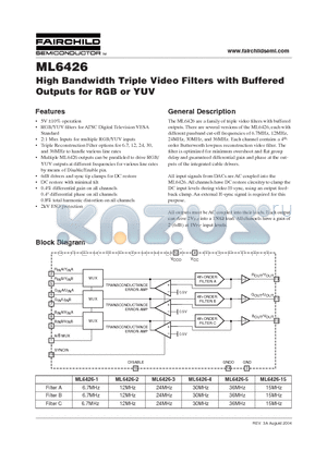 ML6426-2 datasheet - High Bandwidth Triple Video Filters with Buffered Outputs for RGB or YUV