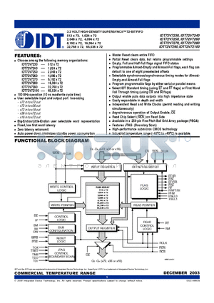 IDT72V7240L15BB datasheet - 3.3 VOLT HIGH-DENSITY SUPERSYNC II 72-BIT FIFO