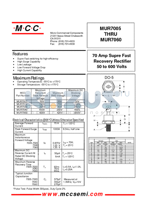 MUR7005 datasheet - 70 Amp Supre Fast Recovery Rectifier 50 to 600 Volts