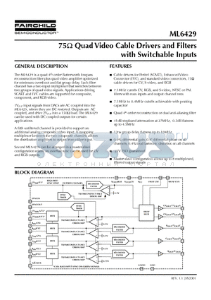 ML6429 datasheet - 75 Quad Video Cable Drivers and Filters with Switchable Inputs