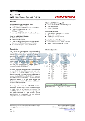 FM16W08-SG datasheet - 64Kb Wide Voltage Bytewide F-RAM